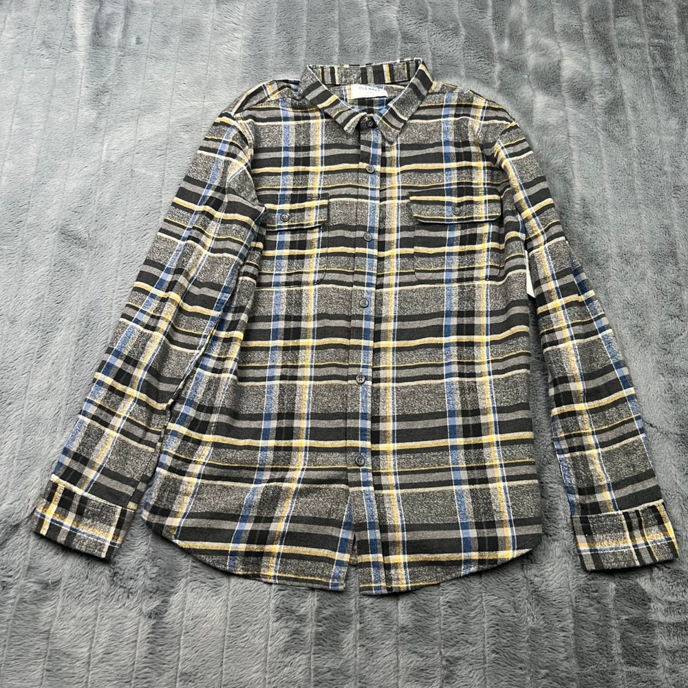 Old Navy Boys XXL 18 Plaid Flannel Shirt Gray Blue Yellow Long Sleeve Cotton